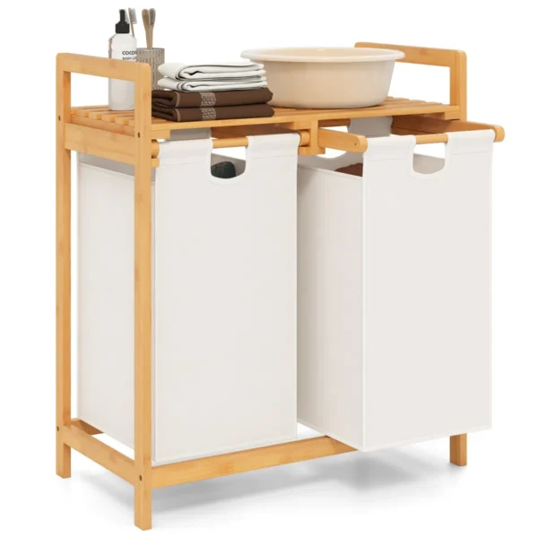 Bamboe wasmand met twee compartimenten 2 sectie wasserij sorter mand met afneembare glijdende zakken & bovenste plank wit 1