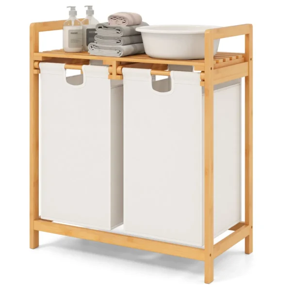 Bamboe wasmand met twee compartimenten 2 sectie wasserij sorter mand met afneembare glijdende zakken & bovenste plank wit 2