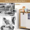 Bamboe wasmand met twee compartimenten 2 sectie wasserij sorter mand met afneembare glijdende zakken & bovenste plank wit 5