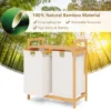 Bamboe wasmand met twee compartimenten 2 sectie wasserij sorter mand met afneembare glijdende zakken & bovenste plank wit 6