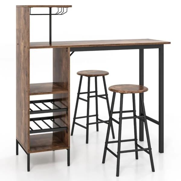 Bartafel met 2 krukken pubtafel en kruk met wijnrek voor 6 flessen eettafel en stoelen bistrotafel voor woonkamer/keuken bruin 1