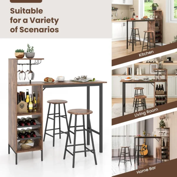 Bartafel met 2 krukken pubtafel en kruk met wijnrek voor 6 flessen eettafel en stoelen bistrotafel voor woonkamer/keuken bruin 4