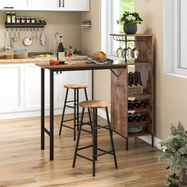 Bartafel met 2 krukken pubtafel en kruk met wijnrek voor 6 flessen eettafel en stoelen bistrotafel voor woonkamer/keuken bruin 7