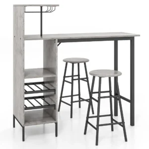 Bartafel met 2 krukken pubtafel en kruk met wijnrek voor 6 flessen eettafel en stoelen bistrotafel voor woonkamer/keuken grijs 1