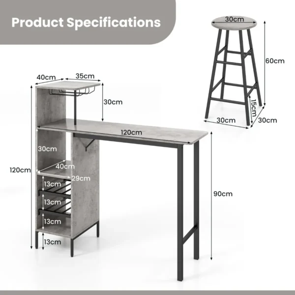 Bartafel met 2 krukken pubtafel en kruk met wijnrek voor 6 flessen eettafel en stoelen bistrotafel voor woonkamer/keuken grijs 2