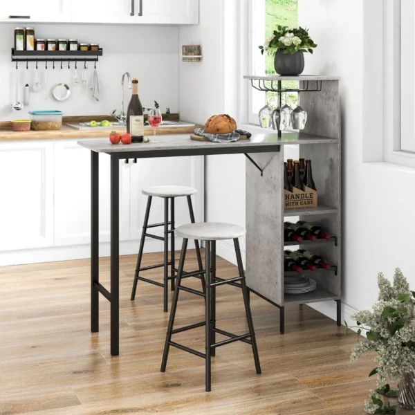 Bartafel met 2 krukken pubtafel en kruk met wijnrek voor 6 flessen eettafel en stoelen bistrotafel voor woonkamer/keuken grijs 7