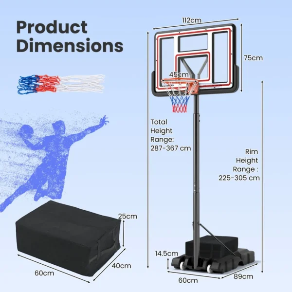Basketbal hoepel buiten met standaard mobiel basketbalhoepel 225 305 cm in hoogte verstelbaar met handslinger gewichtzak & 2 netten 3
