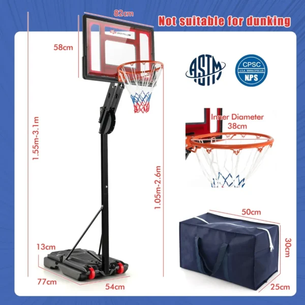 Basketbalmand met verstelbare hoogte van 1,55 tot 3,1 m draagbare basketbalstandaard met pe achtergrond voor binnen en buiten zwart 3