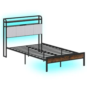 Bedframe met ledverlichting en oplaadstation metalen platformbed met linnen gestoffeerd hoofdeinde en 2 laags opbergruimte bruin 1