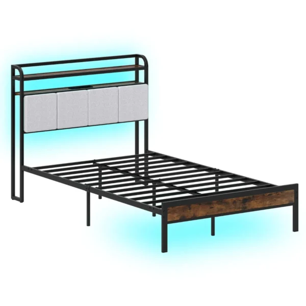 Bedframe met ledverlichting en oplaadstation metalen platformbed met linnen gestoffeerd hoofdeinde en 2 laags opbergruimte bruin 1