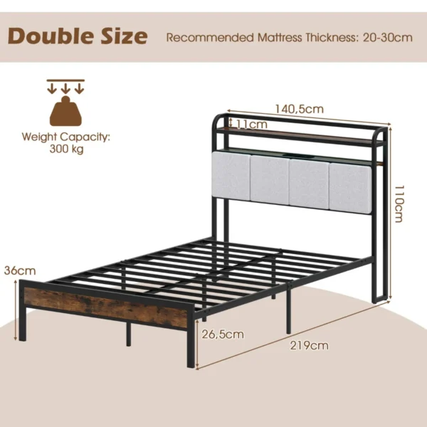 Bedframe met ledverlichting en oplaadstation metalen platformbed met linnen gestoffeerd hoofdeinde en 2 laags opbergruimte bruin 2