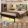 Bedframe met ledverlichting en oplaadstation metalen platformbed met linnen gestoffeerd hoofdeinde en 2 laags opbergruimte bruin 5