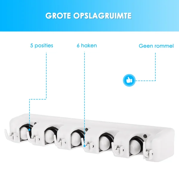 Bezemhouder met 6 inklapbare haken en 5 snelspanklemmen mophouder gereedschaphouder voor garderobe keuken garage tuin 4