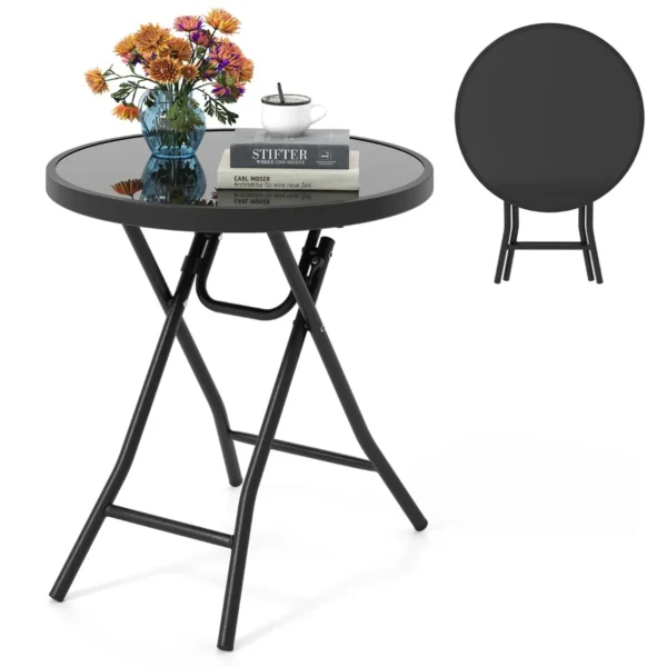 Bijzettafel inklapbaar kleine klaptafel weerbestendige tuintafel ronde balkontafel met tafelblad van gehard glas voor balkon zwart 1
