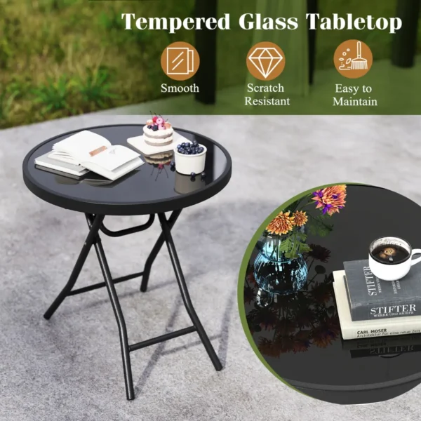Bijzettafel inklapbaar kleine klaptafel weerbestendige tuintafel ronde balkontafel met tafelblad van gehard glas voor balkon zwart 4