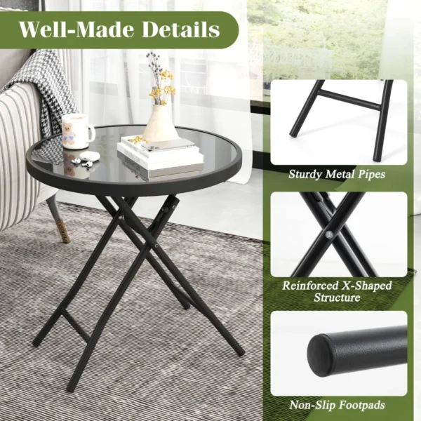 Bijzettafel inklapbaar kleine klaptafel weerbestendige tuintafel ronde balkontafel met tafelblad van gehard glas voor balkon zwart 7