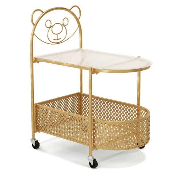 Bijzettafel van glas met wieltjes 2 traps glazen tafel met berenpatroon nachtkastje met opbergmand salontafel 60 x 40 x 76 cm (goud) 2