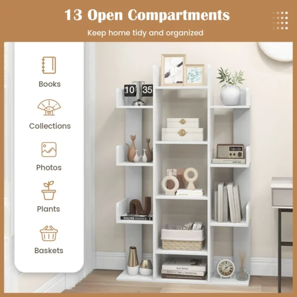 Boekenkast in boomvorm rek met 13 open vakken staand rek opbergrek voor woonkamer of kantoor wit 86 x 24,5 x 141 cm 4