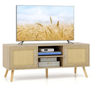 Boho tv standaard voor tv's tot 55 inch pe rotan met 2 kasten en 5 massief houten poten houten tv meubel met 2 kabelgaten natuur 1