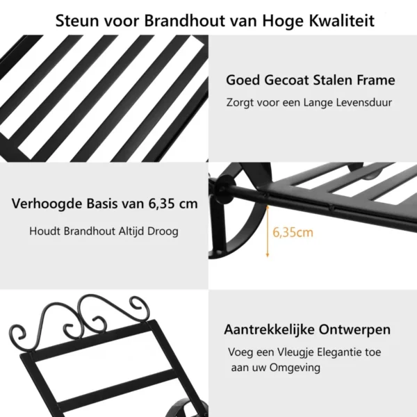 Brandhoutrek metaal brandhoutrek met 4 wielen brandhoutrek logboekrek 48 x 41 x 28 cm zwart 6