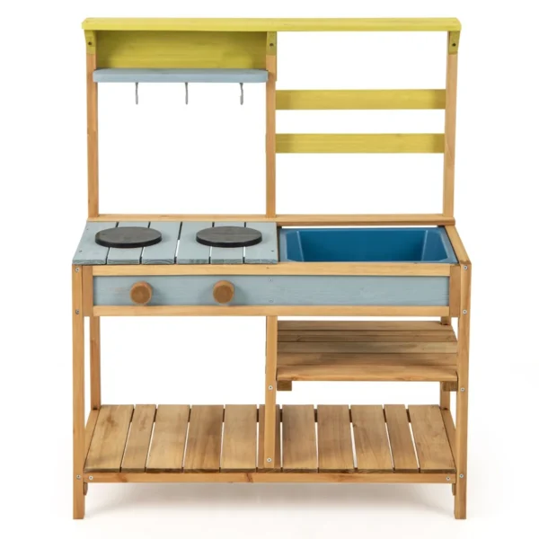Buiten modderkeuken voor kinderen hout met waterfunctie speelkeuken voor kinderen met haak en afneembaar rek tuinkeuken natuur 2