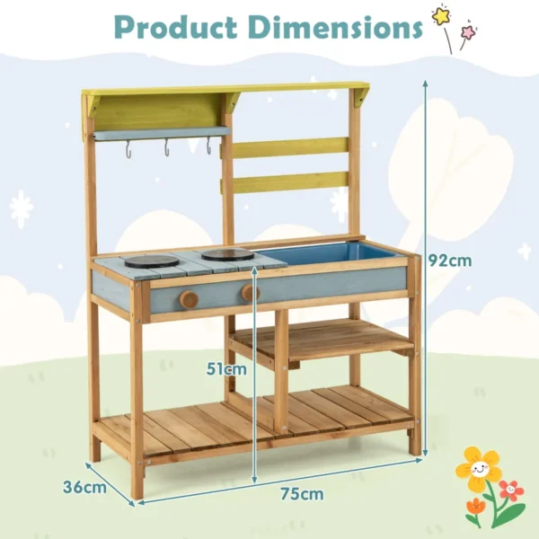 Buiten modderkeuken voor kinderen hout met waterfunctie speelkeuken voor kinderen met haak en afneembaar rek tuinkeuken natuur 3