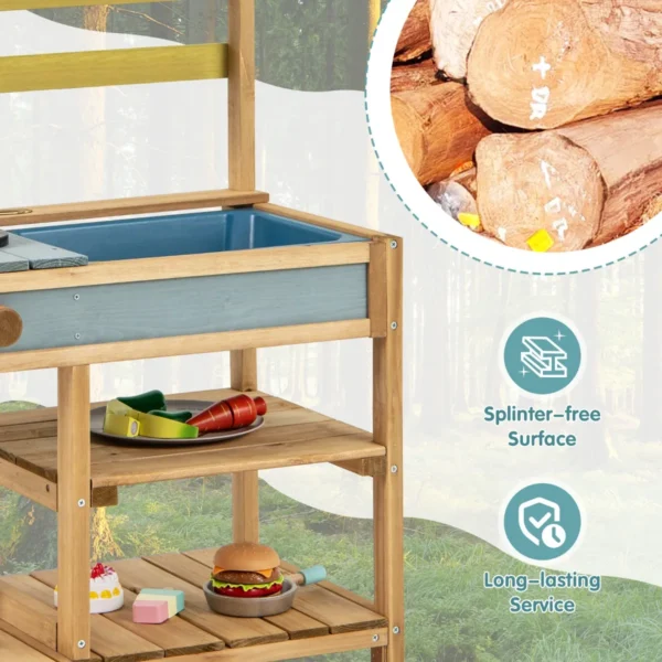 Buiten modderkeuken voor kinderen hout met waterfunctie speelkeuken voor kinderen met haak en afneembaar rek tuinkeuken natuur 5