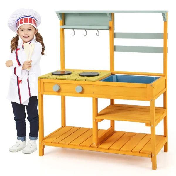 Buiten modderkeuken voor kinderen hout met waterfunctie speelkeuken voor kinderen met haak en afneembaar rek tuinkeuken oranje 1