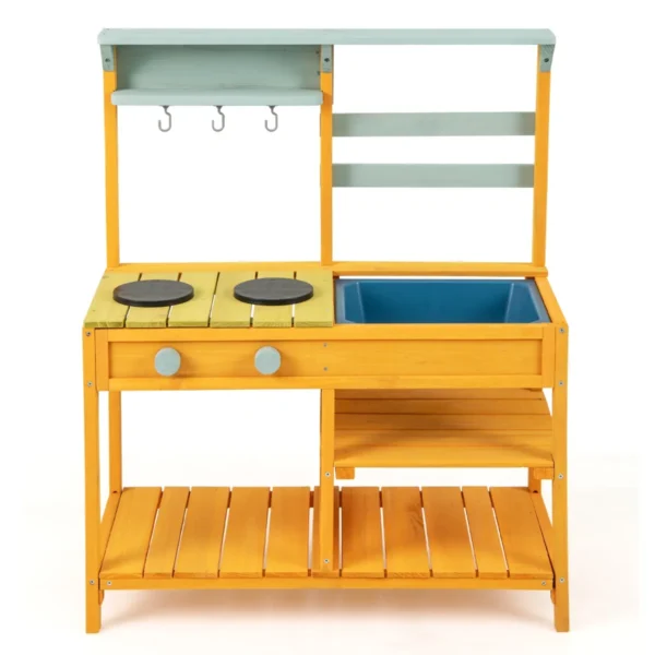 Buiten modderkeuken voor kinderen hout met waterfunctie speelkeuken voor kinderen met haak en afneembaar rek tuinkeuken oranje 2