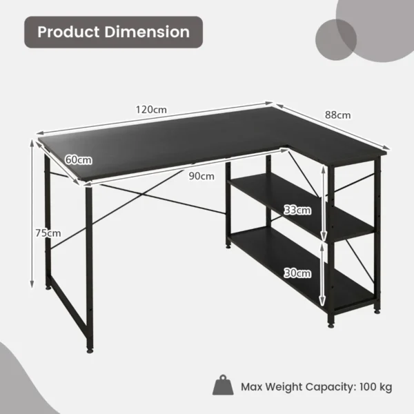 Bureau l vorm computertafel met rek rechts of links hoekbureau met opbergvakken hoektafel bureautafel 120 x 88 x 74,5 cm (zwart) 3