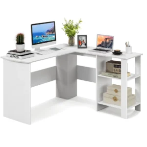 Bureau l vorm hoekbureau met 2 kabellaten en opbergvakken hoektafel computertafel bureautafel voor thuis of kantoor (wit) 1