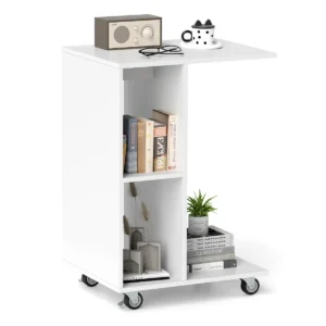 C vormige bijzettafel smalle tafel met opbergplanken universele vergrendelbare wielen mobiele tafel voor bed woonkamer wit 1
