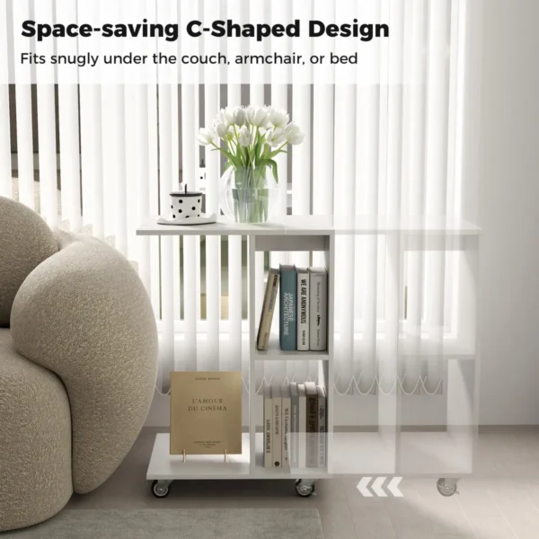 C vormige bijzettafel smalle tafel met opbergplanken universele vergrendelbare wielen mobiele tafel voor bed woonkamer wit 4