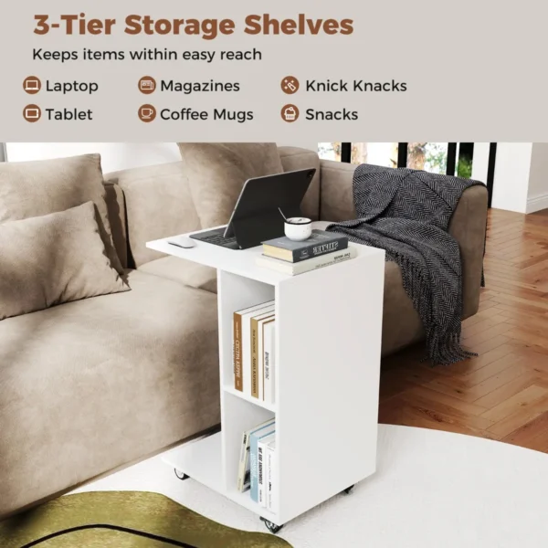 C vormige bijzettafel smalle tafel met opbergplanken universele vergrendelbare wielen mobiele tafel voor bed woonkamer wit 5