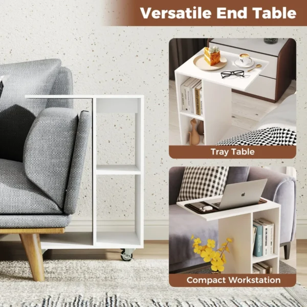 C vormige bijzettafel smalle tafel met opbergplanken universele vergrendelbare wielen mobiele tafel voor bed woonkamer wit 7
