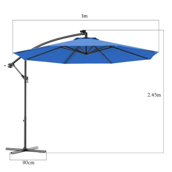Φ300cm led patio parasol met handslinger en kantel aanpassing buiten cantilever opknoping markt patio paraplu blauw 4