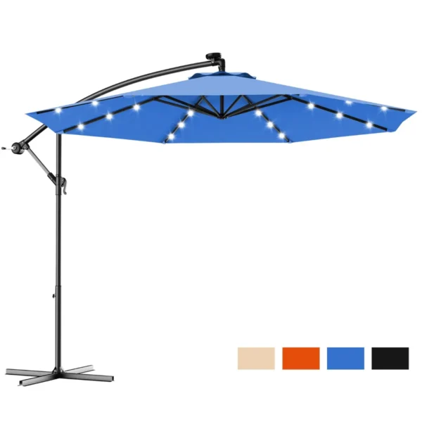 Φ300cm led patio parasol met handslinger en kantel aanpassing buiten cantilever opknoping markt patio paraplu blauw 5