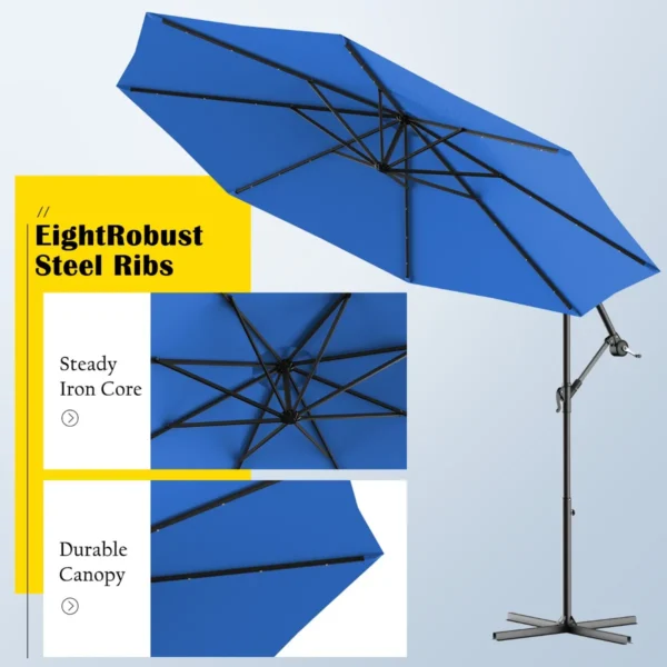 Φ300cm led patio parasol met handslinger en kantel aanpassing buiten cantilever opknoping markt patio paraplu blauw 6