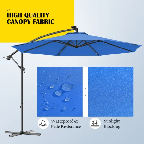 Φ300cm led patio parasol met handslinger en kantel aanpassing buiten cantilever opknoping markt patio paraplu blauw 7