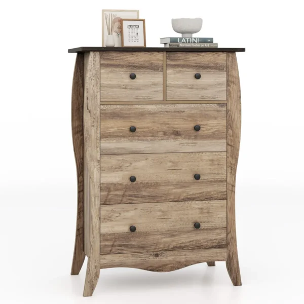 Commode met 5 laden dressoir in landelijke stijl met inklapbare stoffen laden opbergkast van hout ladekast (bruin) 1