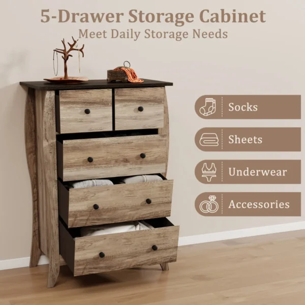 Commode met 5 laden dressoir in landelijke stijl met inklapbare stoffen laden opbergkast van hout ladekast (bruin) 3