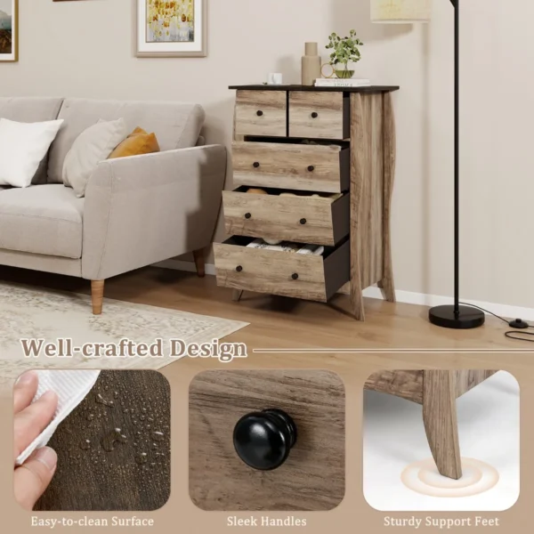 Commode met 5 laden dressoir in landelijke stijl met inklapbare stoffen laden opbergkast van hout ladekast (bruin) 5