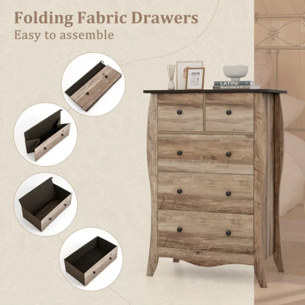Commode met 5 laden dressoir in landelijke stijl met inklapbare stoffen laden opbergkast van hout ladekast (bruin) 6