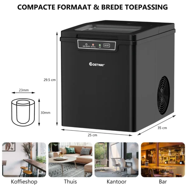Compacte ijsblokjesmachine 9 kogeltjes ijs / 8 minuten 12 kg/dag ijsmachine met ijslepel en emmer 35 x 25 x 29,5 cm zwart 2