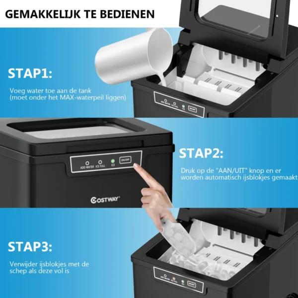 Compacte ijsblokjesmachine 9 kogeltjes ijs / 8 minuten 12 kg/dag ijsmachine met ijslepel en emmer 35 x 25 x 29,5 cm zwart 4