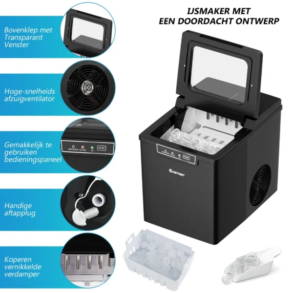 Compacte ijsblokjesmachine 9 kogeltjes ijs / 8 minuten 12 kg/dag ijsmachine met ijslepel en emmer 35 x 25 x 29,5 cm zwart 5