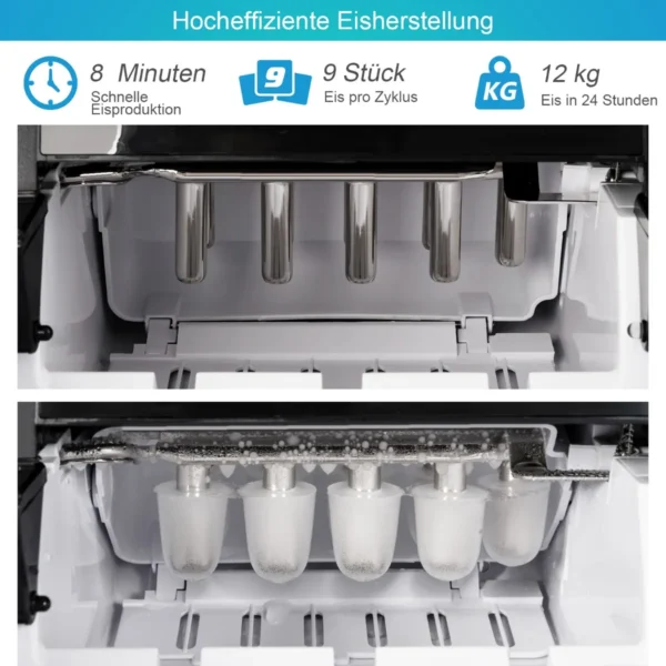 Compacte ijsblokjesmachine 9 kogeltjes ijs / 8 minuten 12 kg/dag ijsmachine met ijslepel en emmer 35 x 25 x 29,5 cm zwart 6