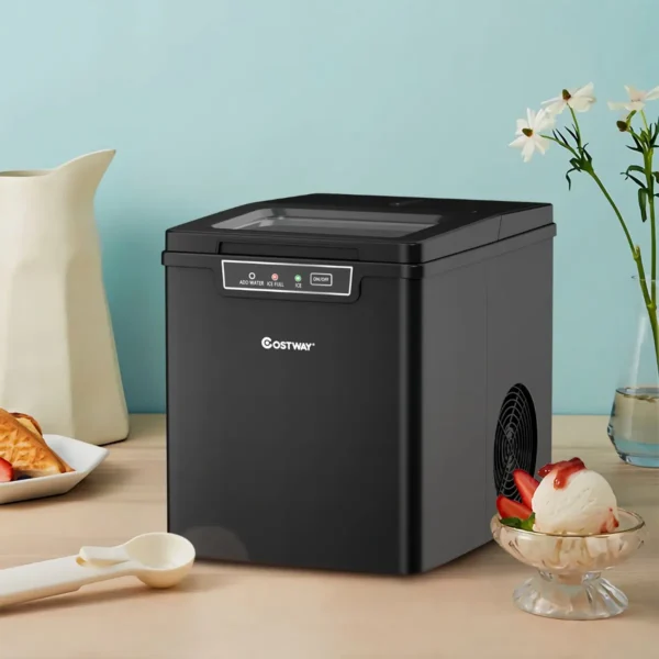 Compacte ijsblokjesmachine 9 kogeltjes ijs / 8 minuten 12 kg/dag ijsmachine met ijslepel en emmer 35 x 25 x 29,5 cm zwart 7