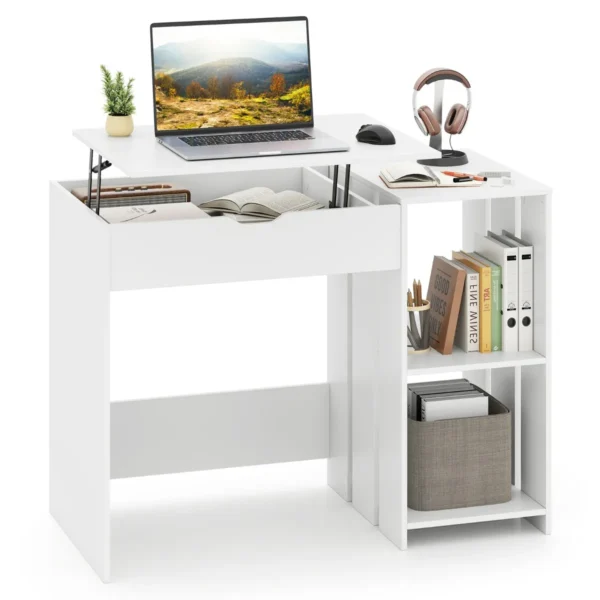 Computerbureau met opklapbaar bovenblad modern laptopbureau met verborgen vak en 2 open opbergplanken studeertafel wit 1