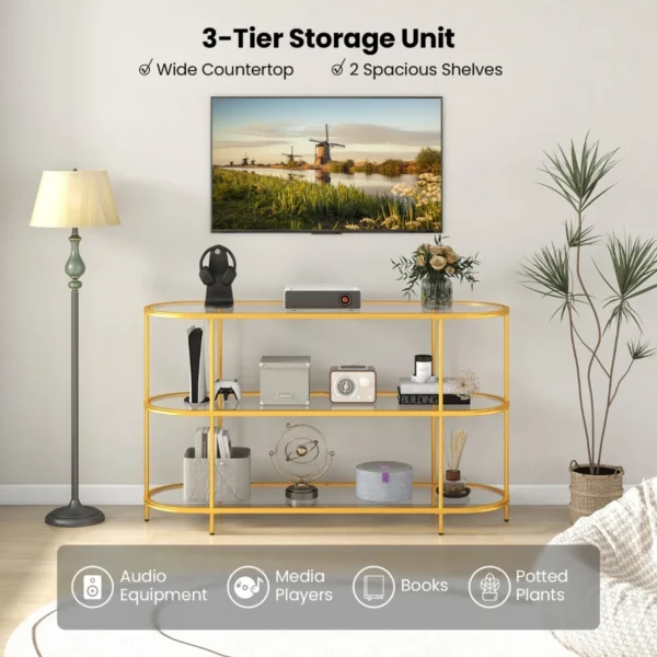 Consoletafel met 3 niveaus tv standaard voor tv's tot 65 inch tv console met gehard glazen planken goud 4